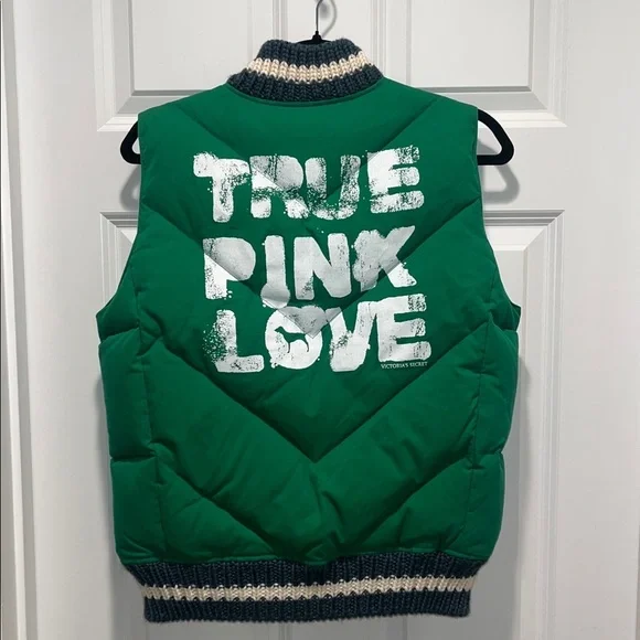 Victoria's Secret TRUE PINK LOVE Down Puffer zip Vest collegiate green NEW M/L - Picture 8 of 8